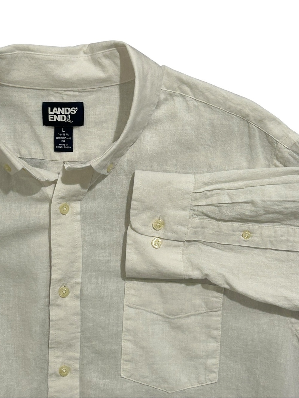 Lands' End Men's White Linen Button-Down Shirt L 16-16.5